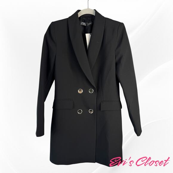 Zara Black Double Breasted Women's Blazer Dress Sz M Structured Shoulder & Pads - Picture 3 of 10
